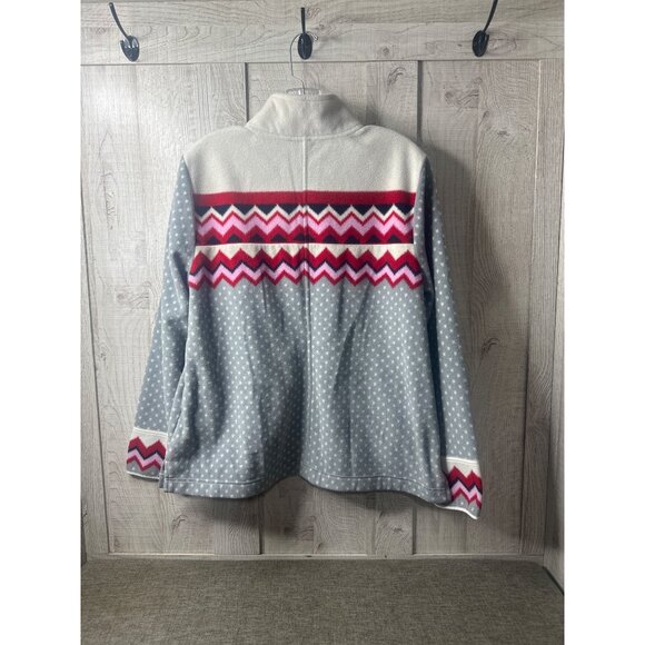 Talbots Womens Fleece Zip-Up Jacket Chevron Polka Dot Pattern Size L Gray Red - Picture 2 of 7
